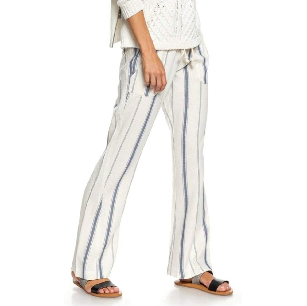 Roxy Junior's Oceanside Yarn Dyed Beach Pant, Marshmallow Tea Party Stripe, S